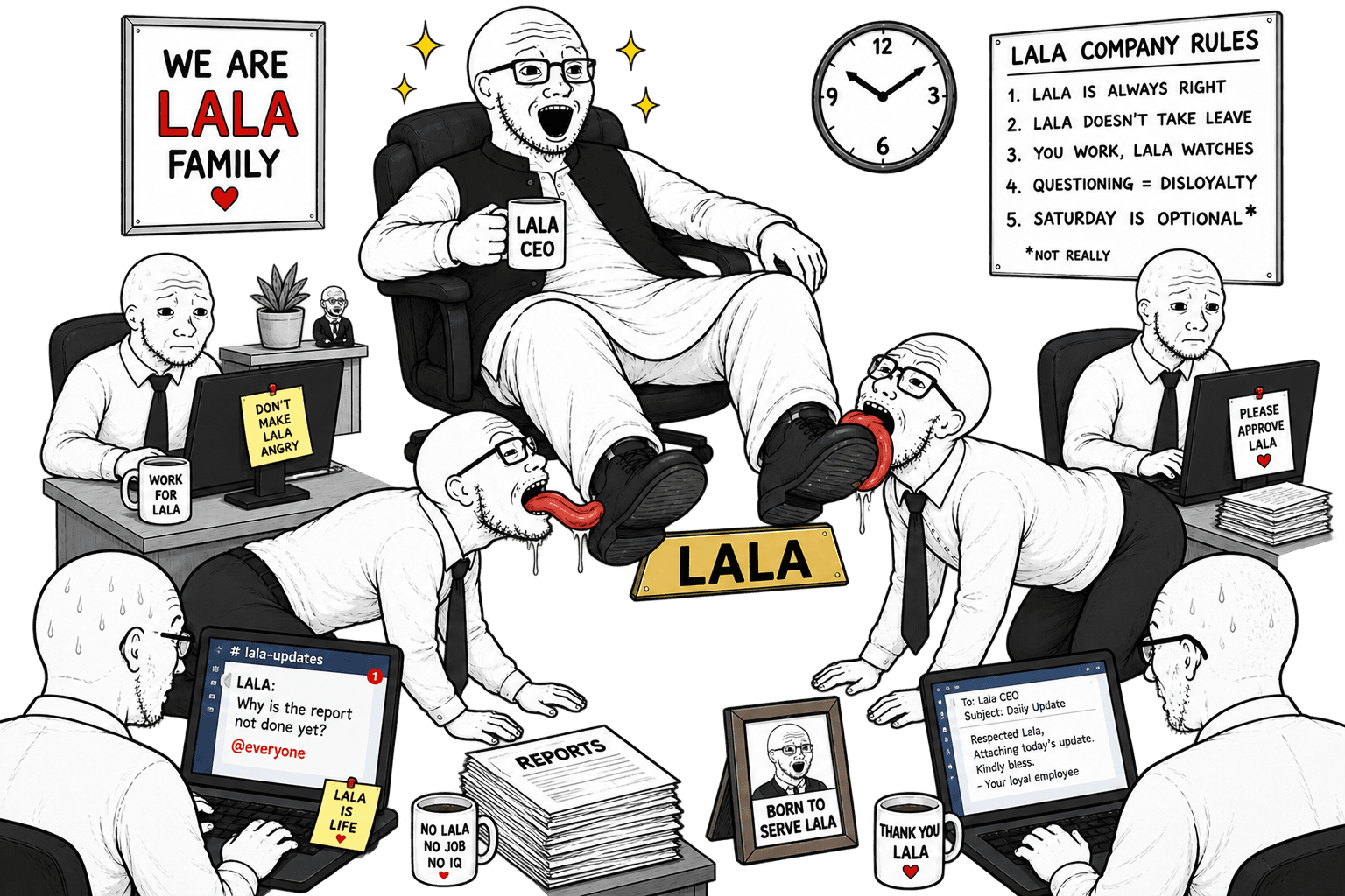 Satirical office scene of a Lala boss watching exhausted employees